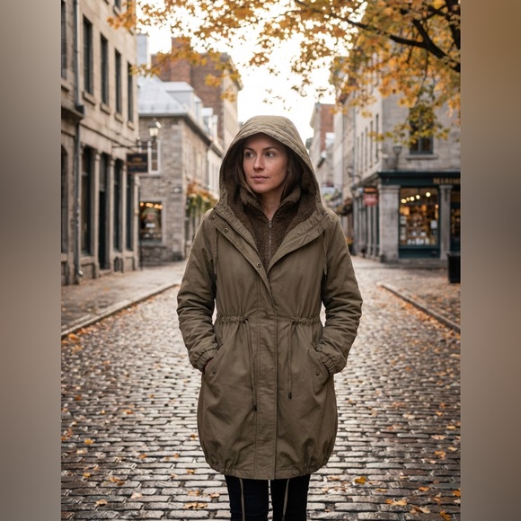 Garnet Hill Sherpa Fleece Line Hooded Cinch Coat Jacket Womens 8 Zip & Snap Tan - Picture 1 of 7